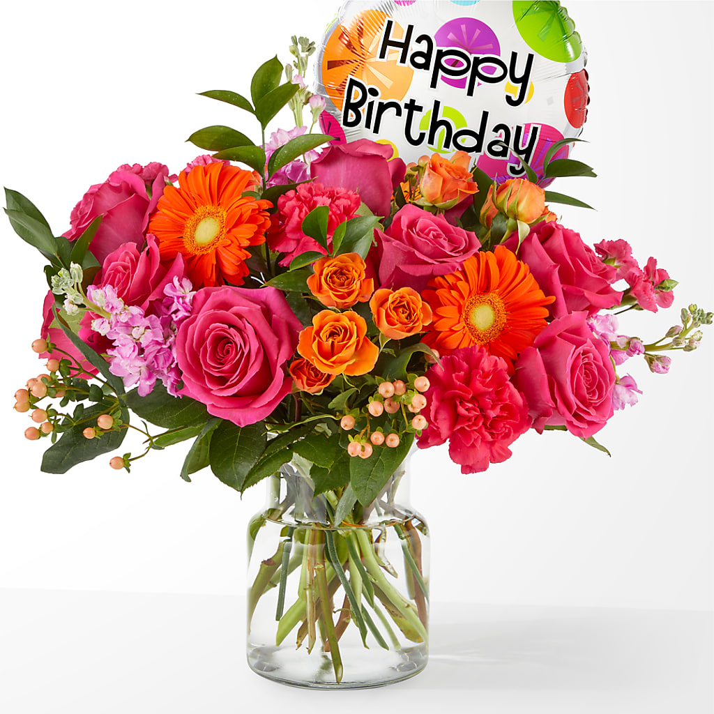 Fiesta Bouquet with Birthday Balloon – Flower Garden Florist, Fort Worth TX