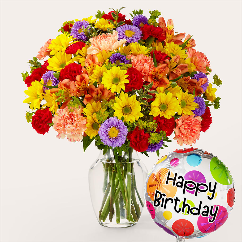 Kaleidoscope Bouquet with Birthday Balloon – Flower Garden Florist, Fort Worth TX