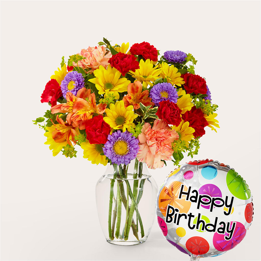 Kaleidoscope Bouquet with Birthday Balloon – Flower Garden Florist, Fort Worth TX