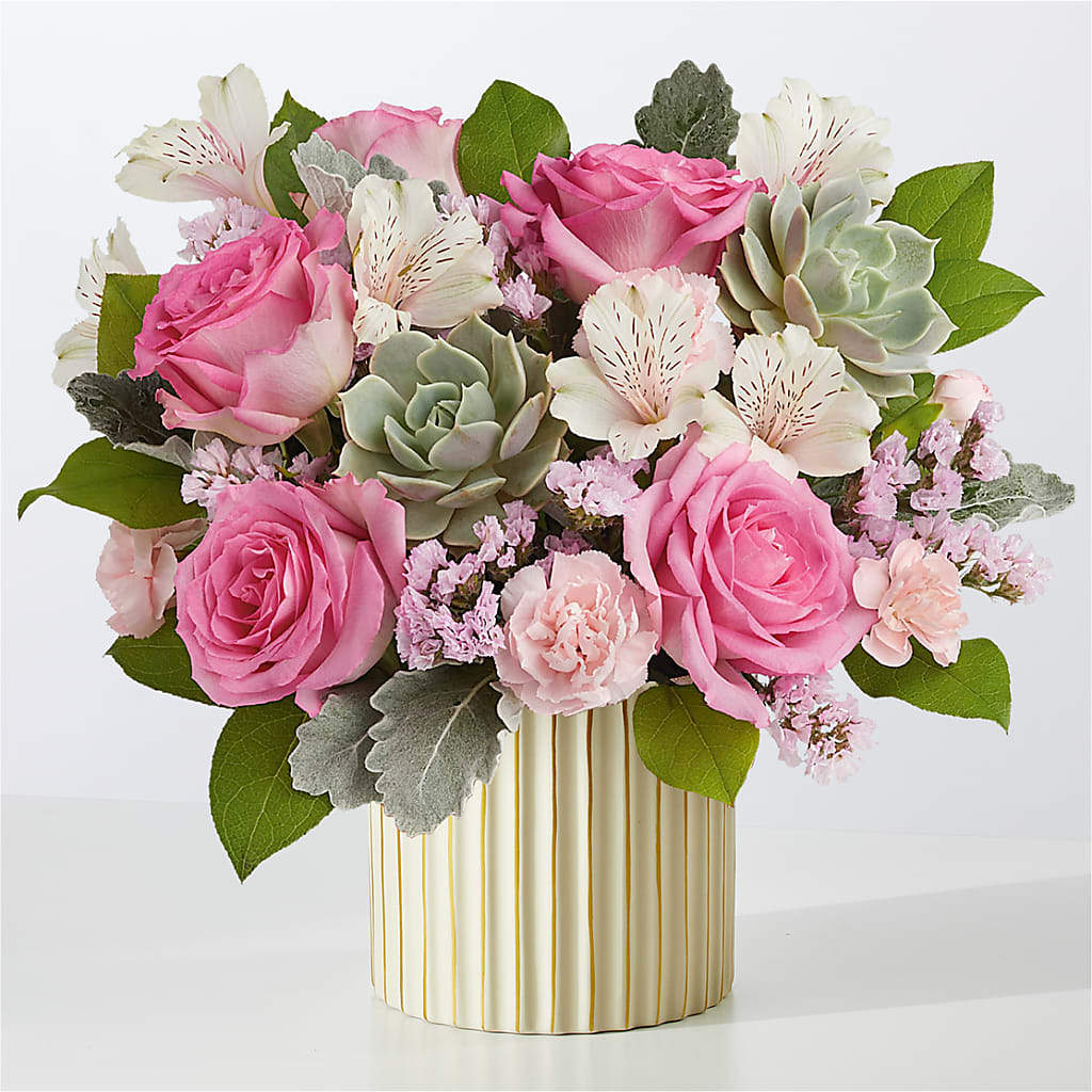 Dusty Rose Bouquet with Ivory Vase – Flower Garden Florist, Fort Worth TX