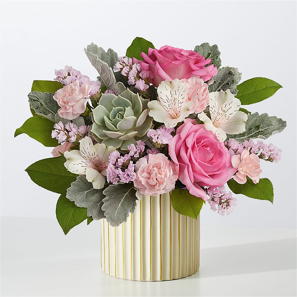 Dusty Rose Bouquet with Ivory Vase – Flower Garden Florist, Fort Worth TX