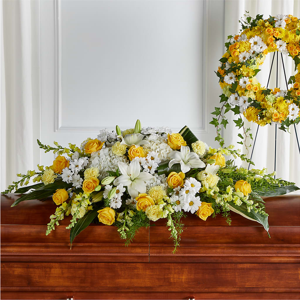 Golden Harmony Casket Spray – Flower Garden Florist, Fort Worth TX