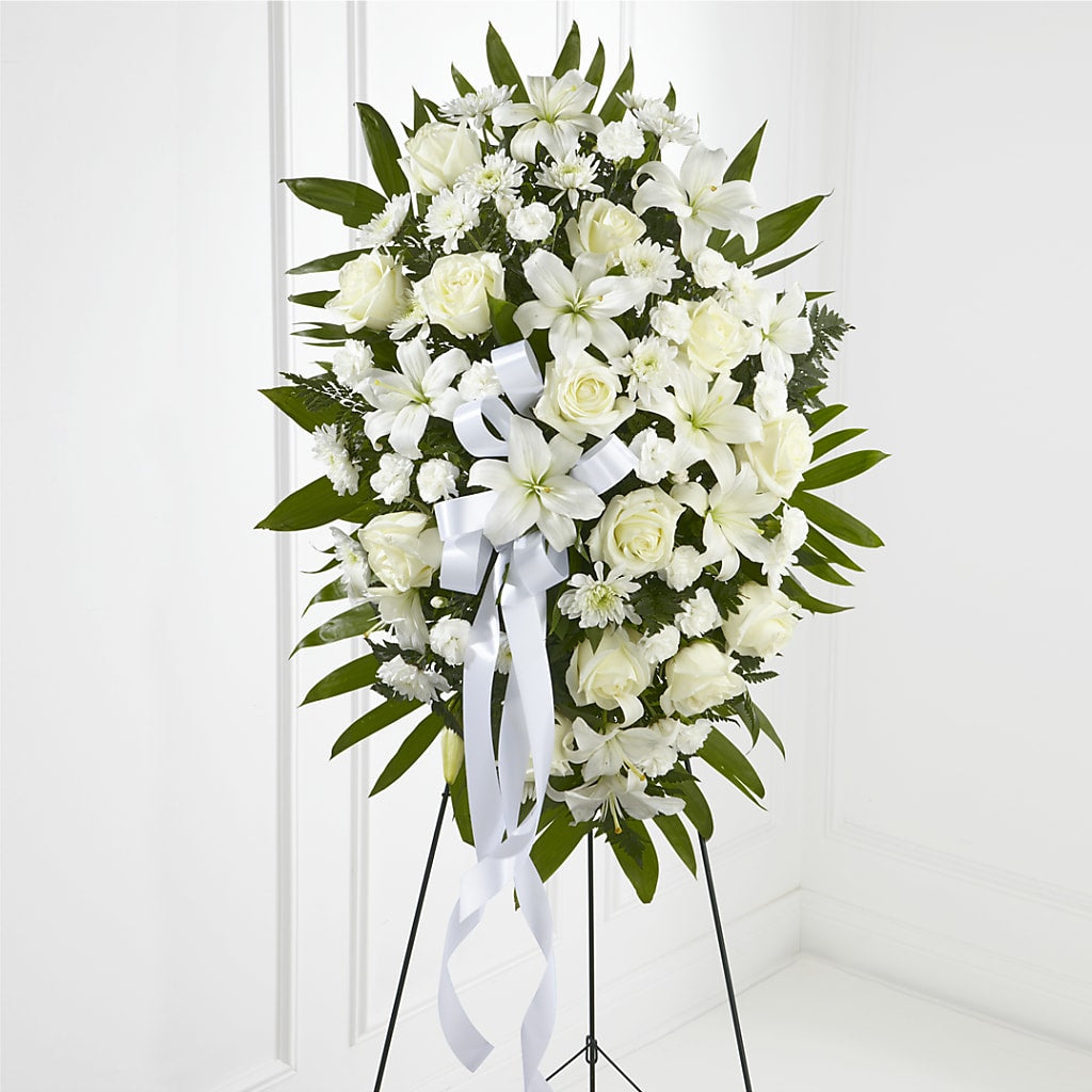 Exquisite Tribute Standing Spray-White Ribbon – Flower Garden Florist, Fort Worth TX