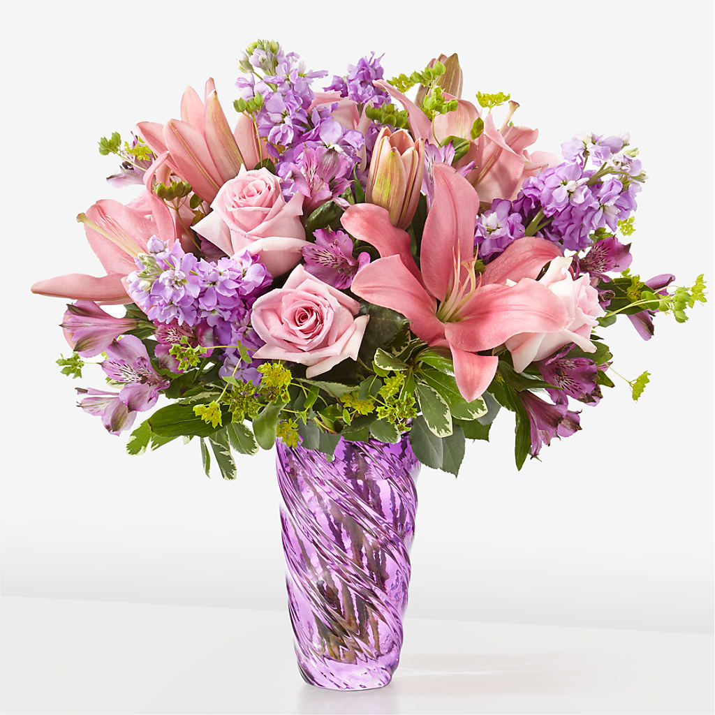 Precious Petals Bouquet with Luxe Swirl Vase – Flower Garden Florist, Fort Worth TX