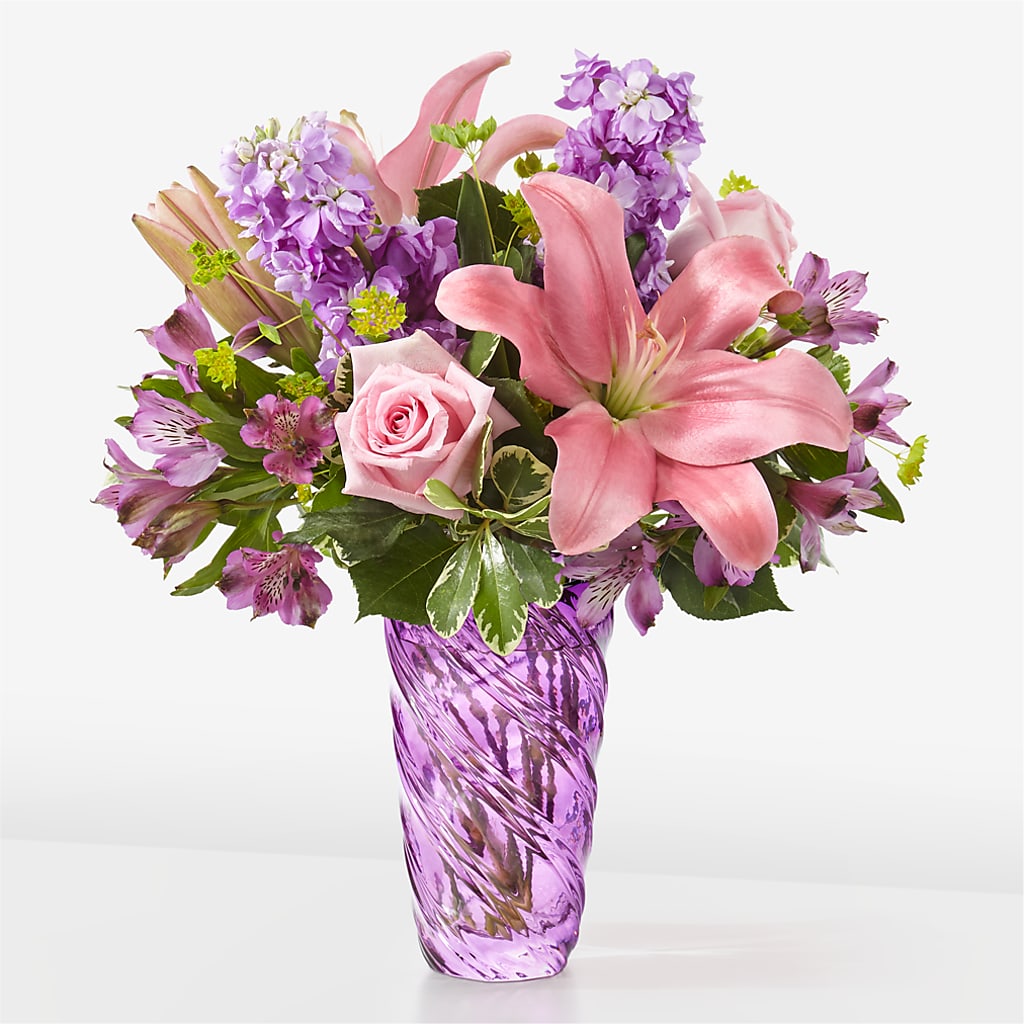 Precious Petals Bouquet with Luxe Swirl Vase – Flower Garden Florist, Fort Worth TX