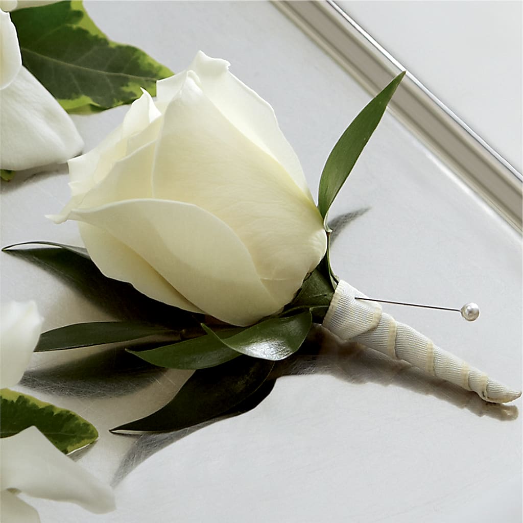 White Rose Boutonniere – Flower Garden Florist, Fort Worth TX